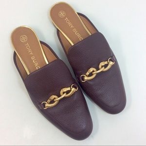 Tory Burch Dark Brown Leather Slip-On Mules with Gold Horsebit